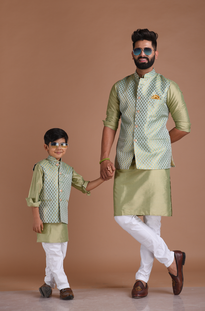 Brocade Silk Kurta Pajama Nehru Jacket Set in Sea Green