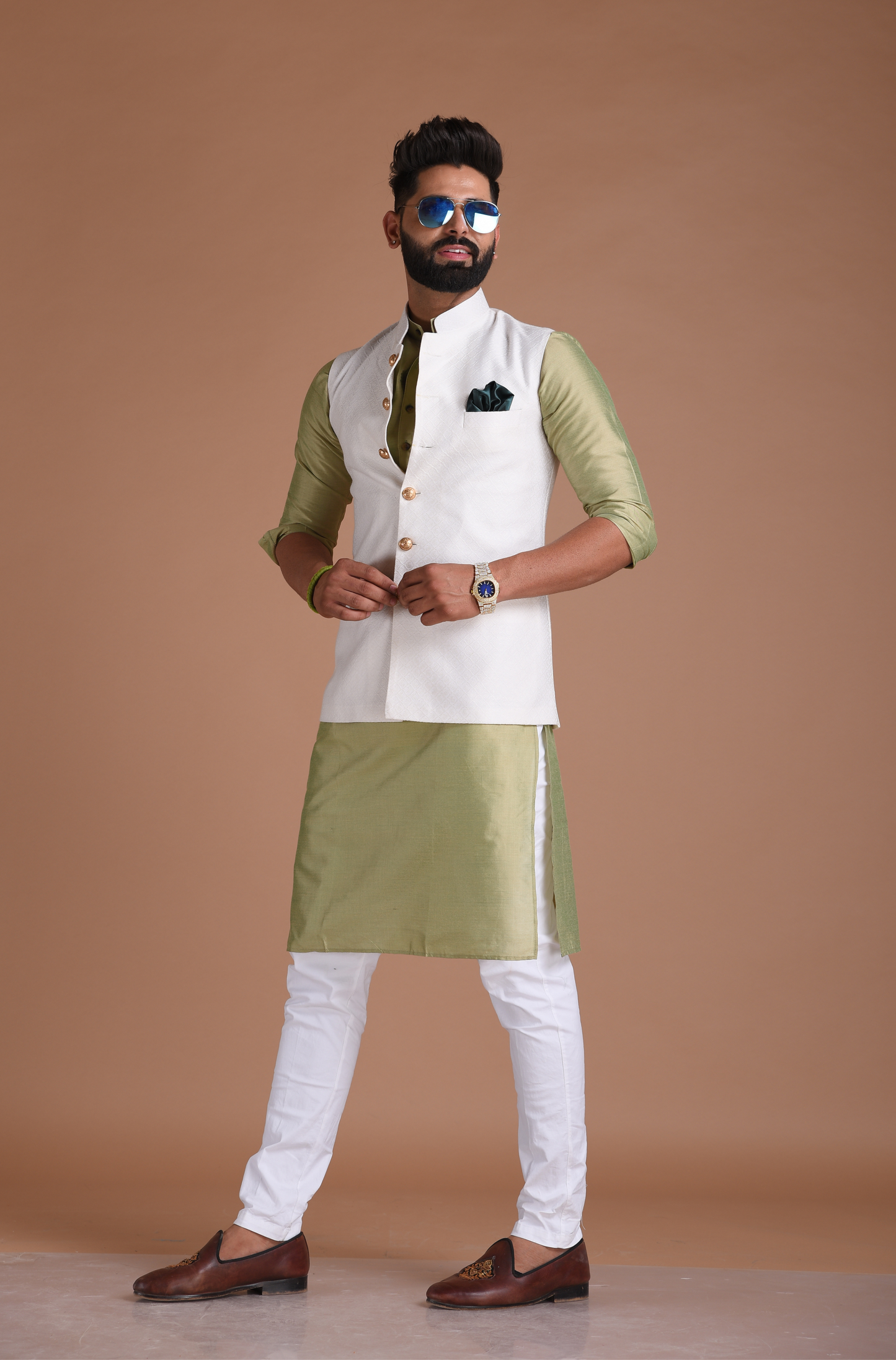 Cotton Jacquard white Nehru Jacket With Silk Kurta Pajama