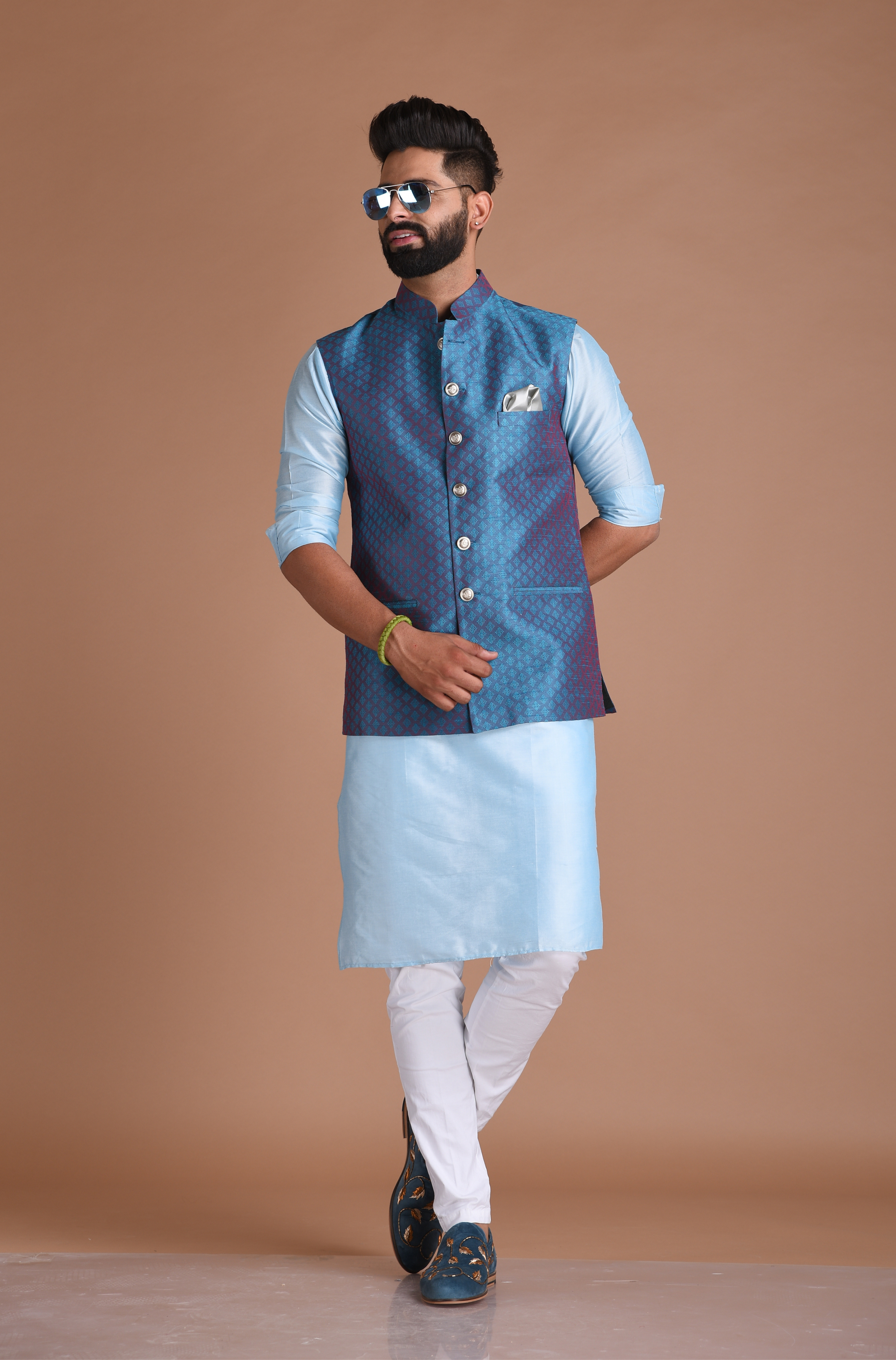 Sojanya Mens Silk Blend SKY Blue Kurta & Churidaar Pyjama With Mirror Work  Nehrujacket Set