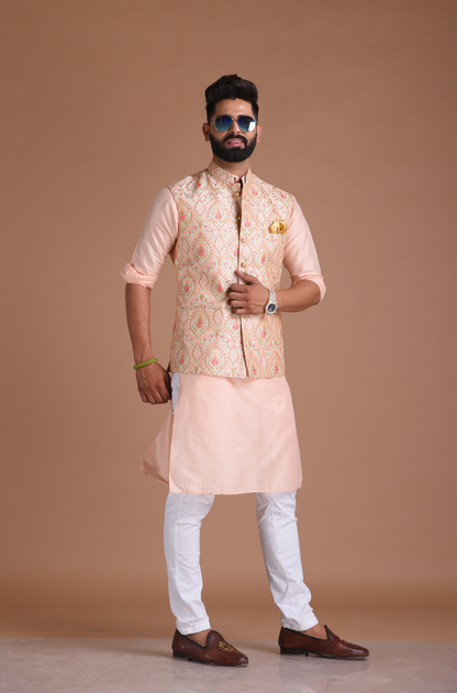 Elegant Banarasi Light Pink Color Half Jodhpuri Jacket With Silk Kurta Pajama Set