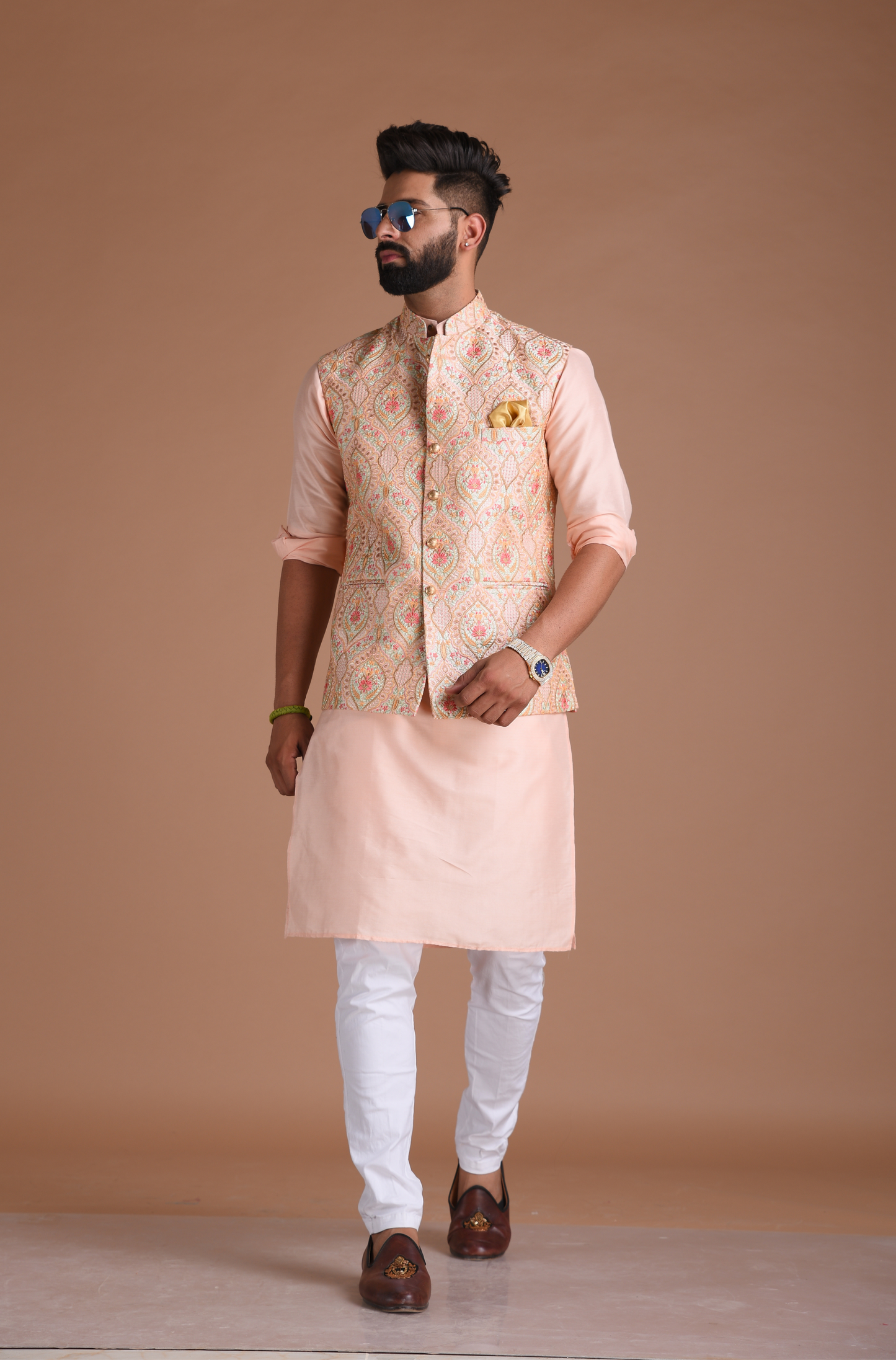 Elegant Banarasi Light Pink Color Half Jodhpuri Jacket With Silk Kurta Pajama Set