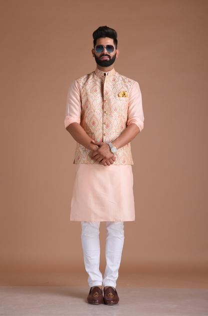 Elegant Banarasi Light Pink Color Half Jodhpuri Jacket With Silk Kurta Pajama Set