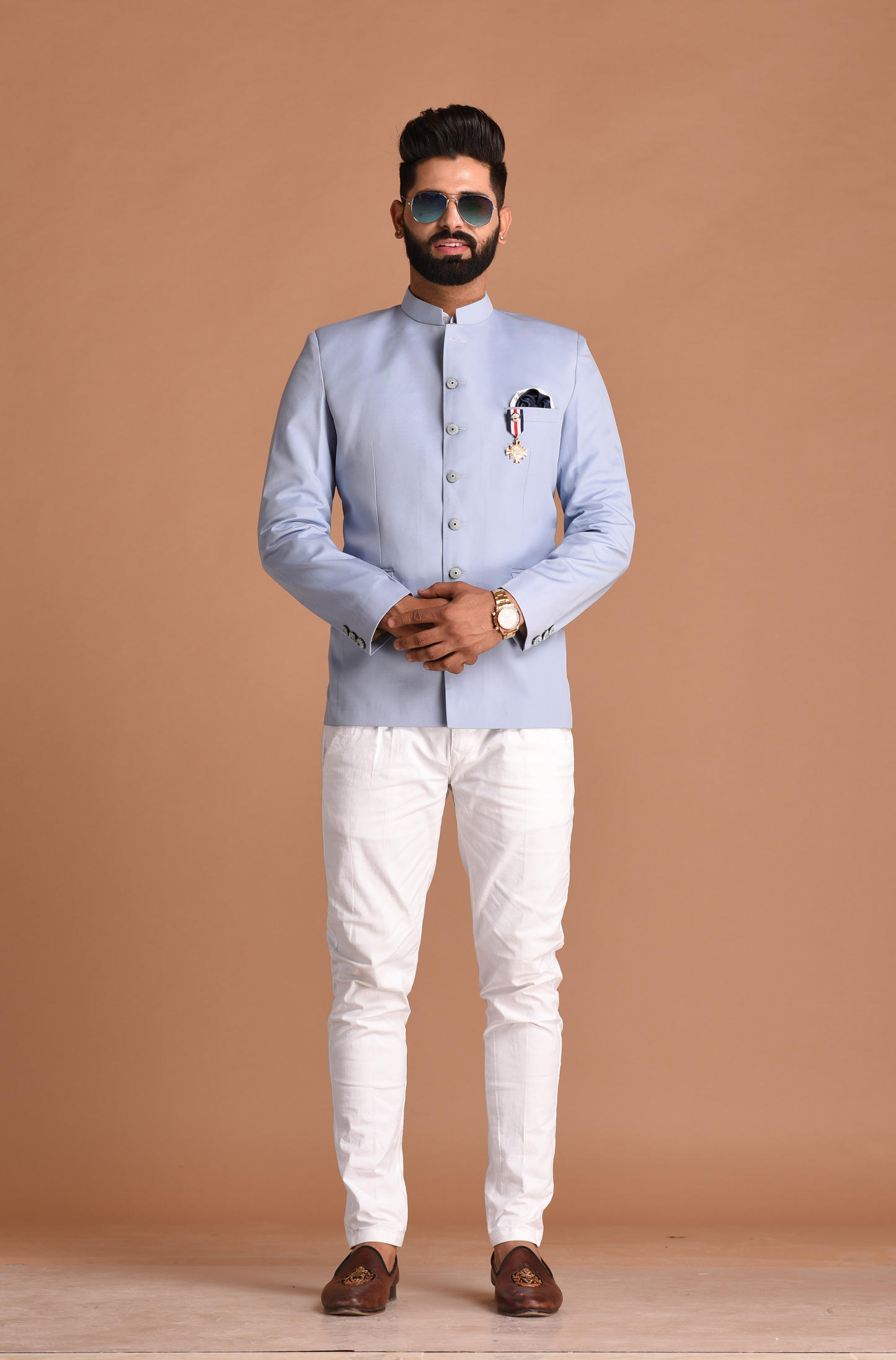 Cloud Color Terry-Rayon Jodhpuri Bandhgala With White Trouser