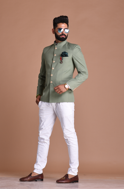 Moss Green Bandhgala Jodhpuri Designer Blazer With White Trouser