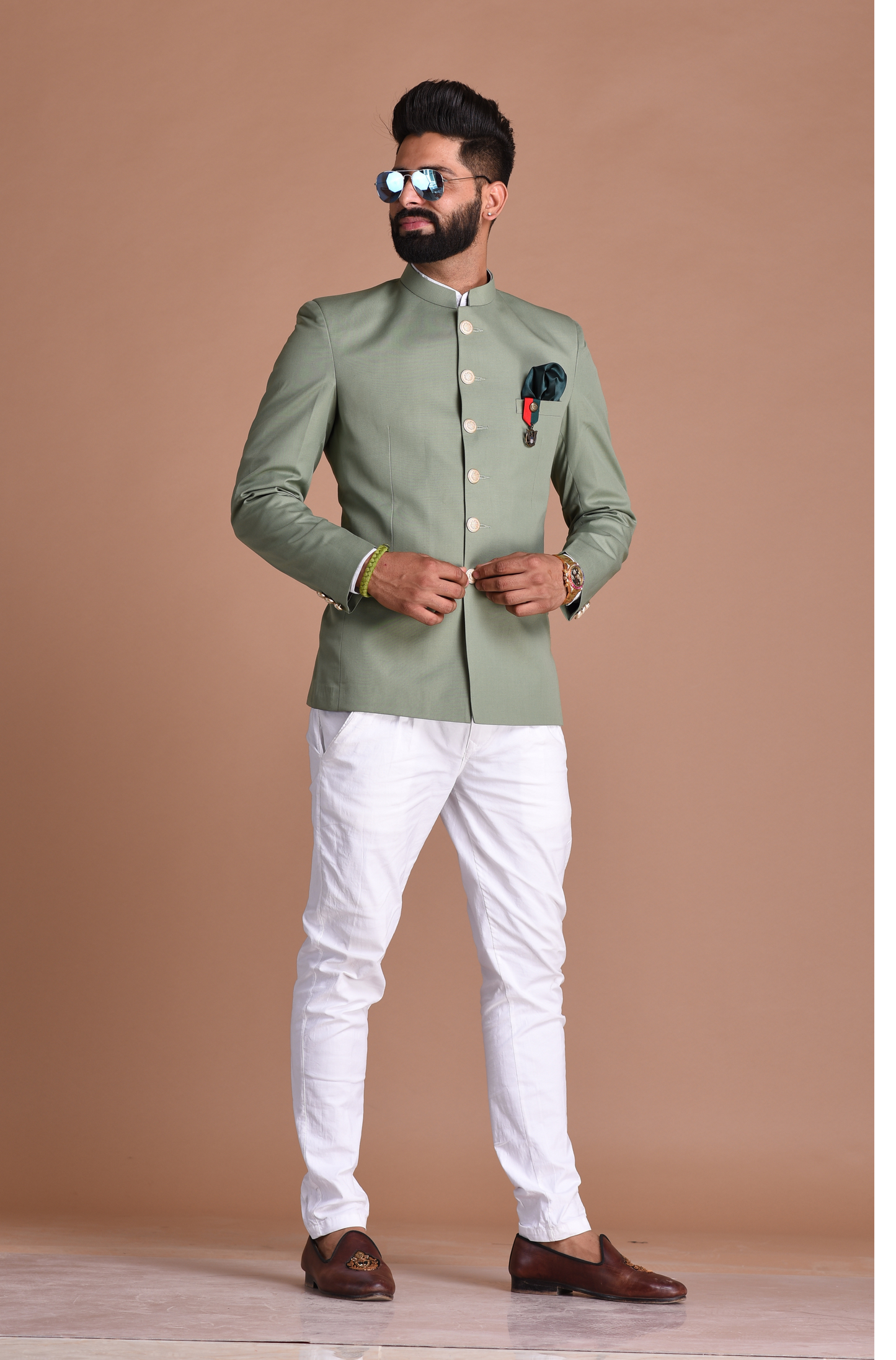 Moss Green Bandhgala Jodhpuri Designer Blazer With White Trouser