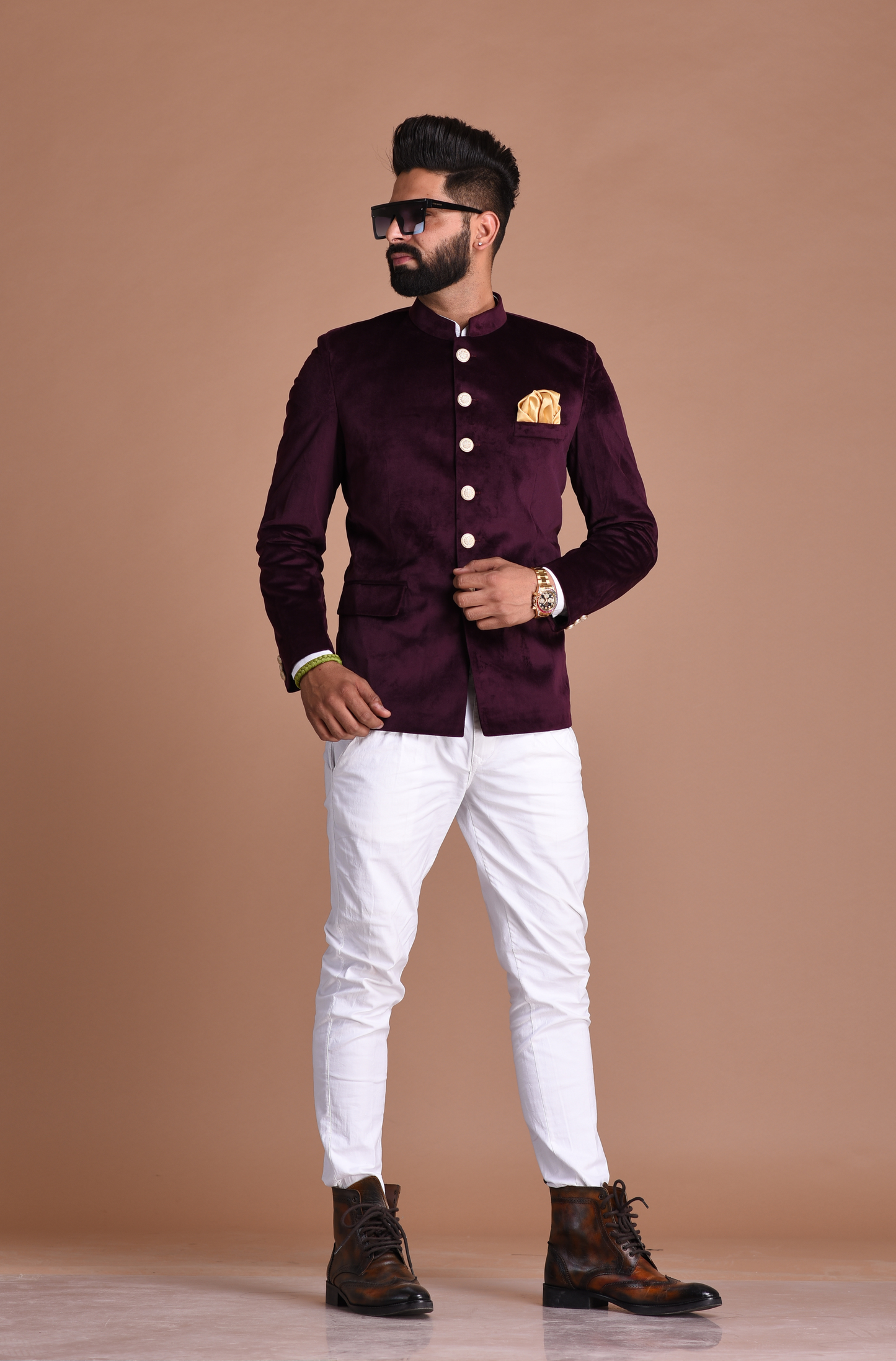 Mulberry Wine Color Jodhpuri Bandhgala Blazer With White Trouser