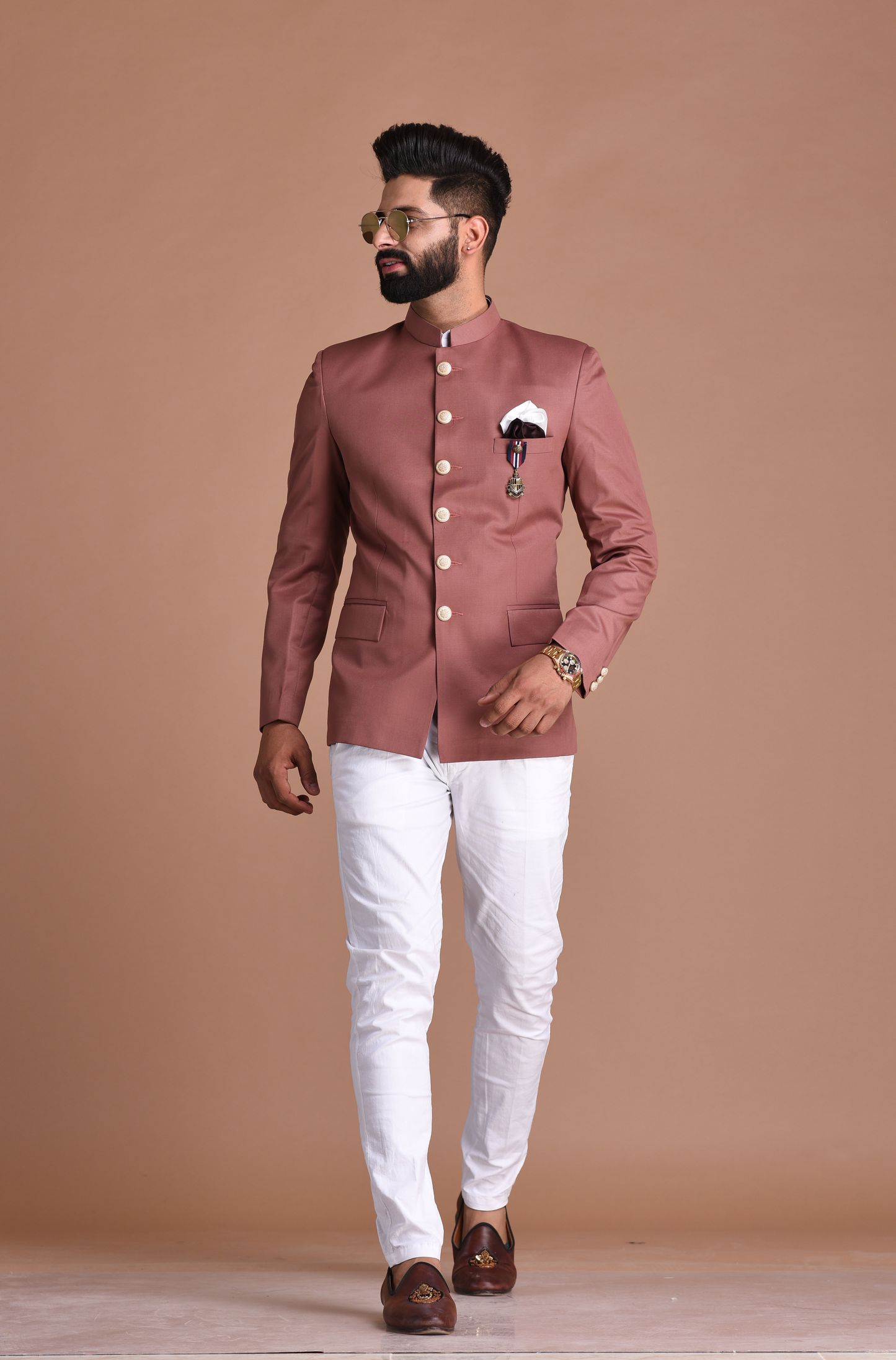 Rosewood Bandhgala Jodhpuri Designer Blazer With White Trouser