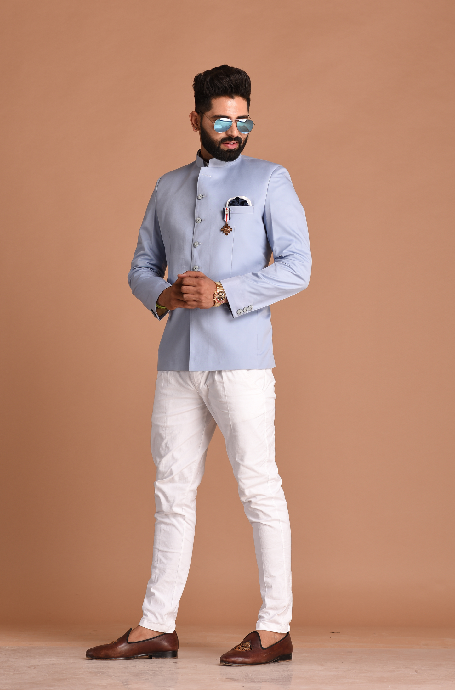 Cloud Color Terry-Rayon Jodhpuri Bandhgala With White Trouser