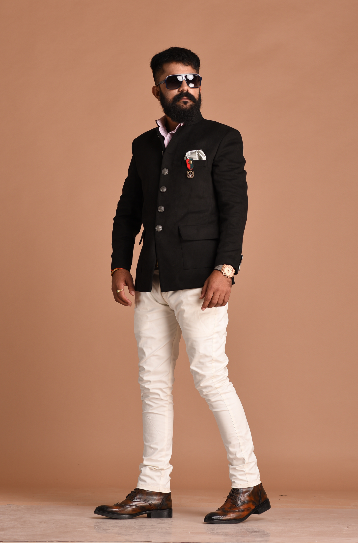 Suede Leather Black Bandhgala With White Trouser