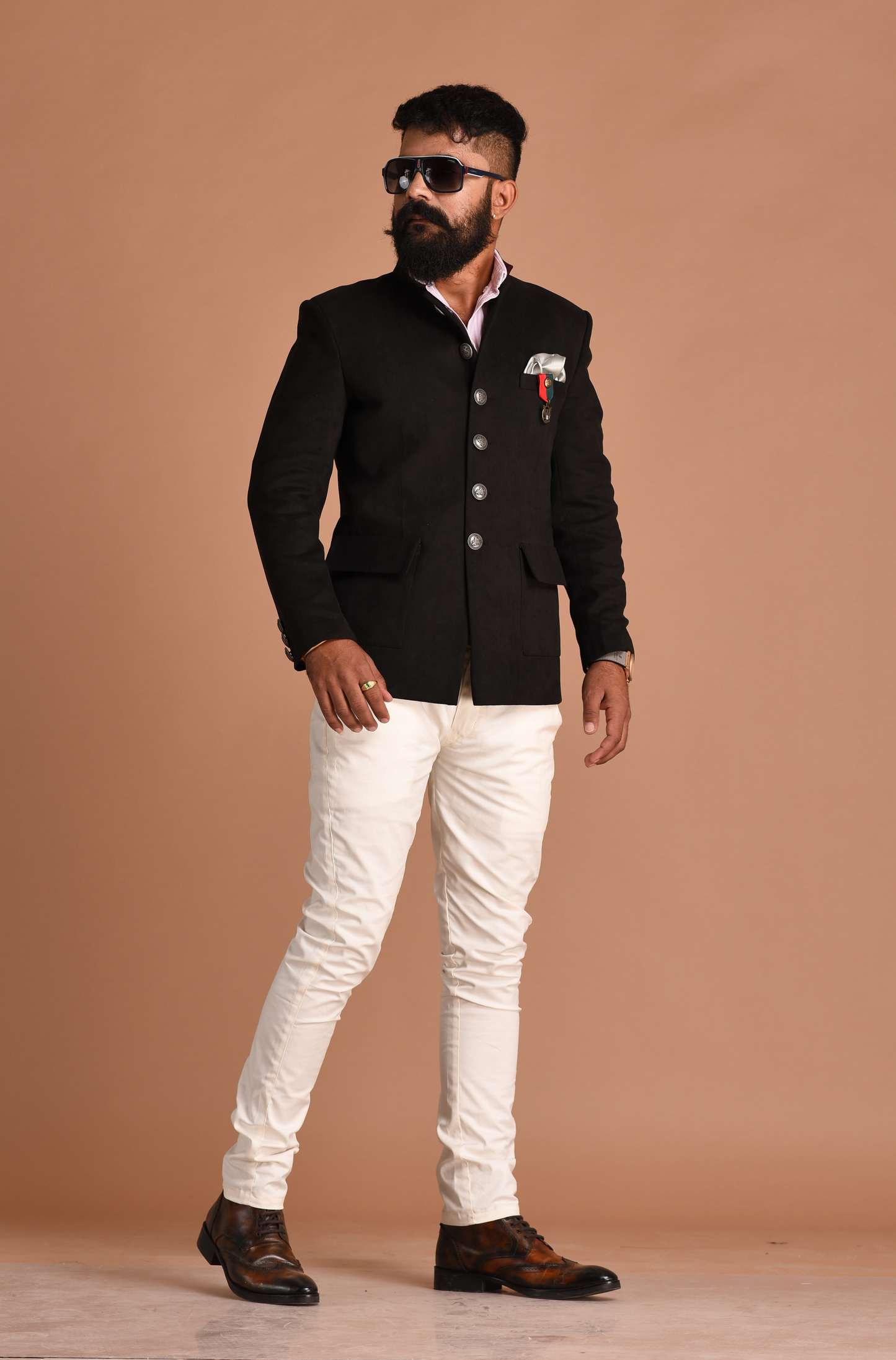 Suede Leather Black Bandhgala With White Trouser