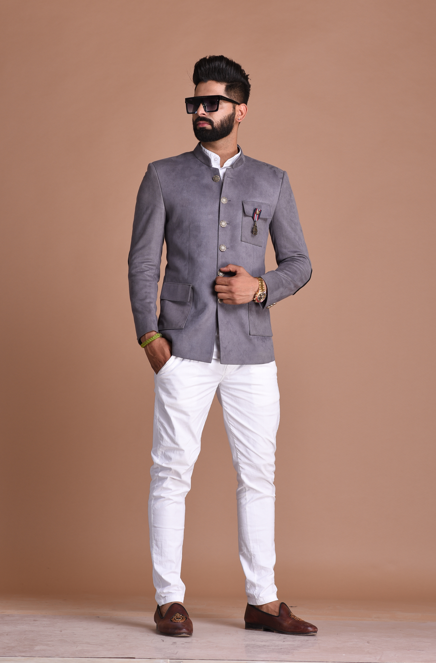 Suede Leather Grey Bandhgala Jodhpuri Blazer With White Trouser
