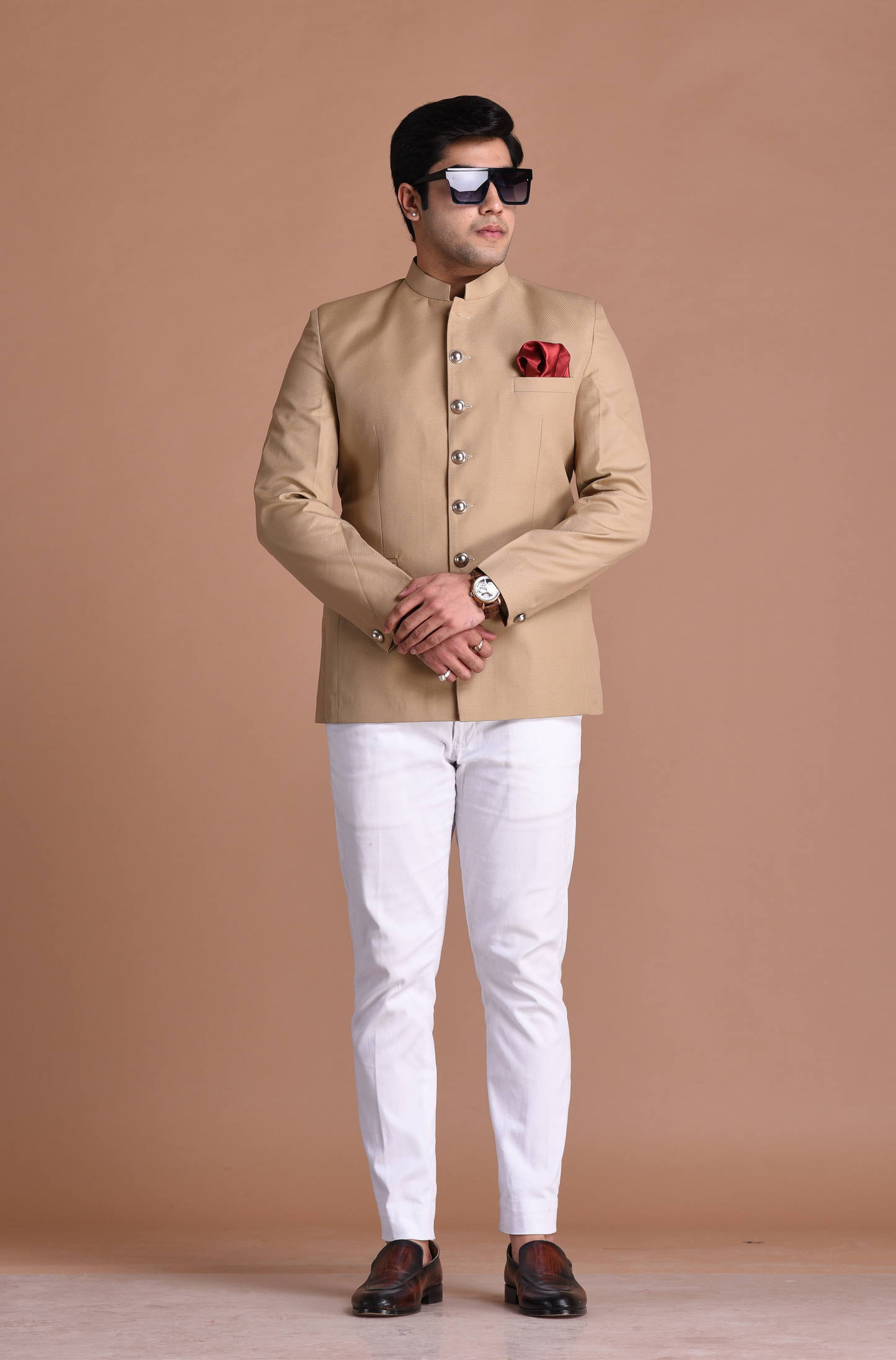 Tan Brown Bandhgala Jodhpuri Blazer With White Trouser