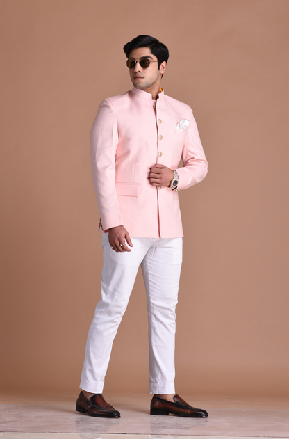 Light Pink Bandhgala Jodhpuri Designer Blazer With White Trouser