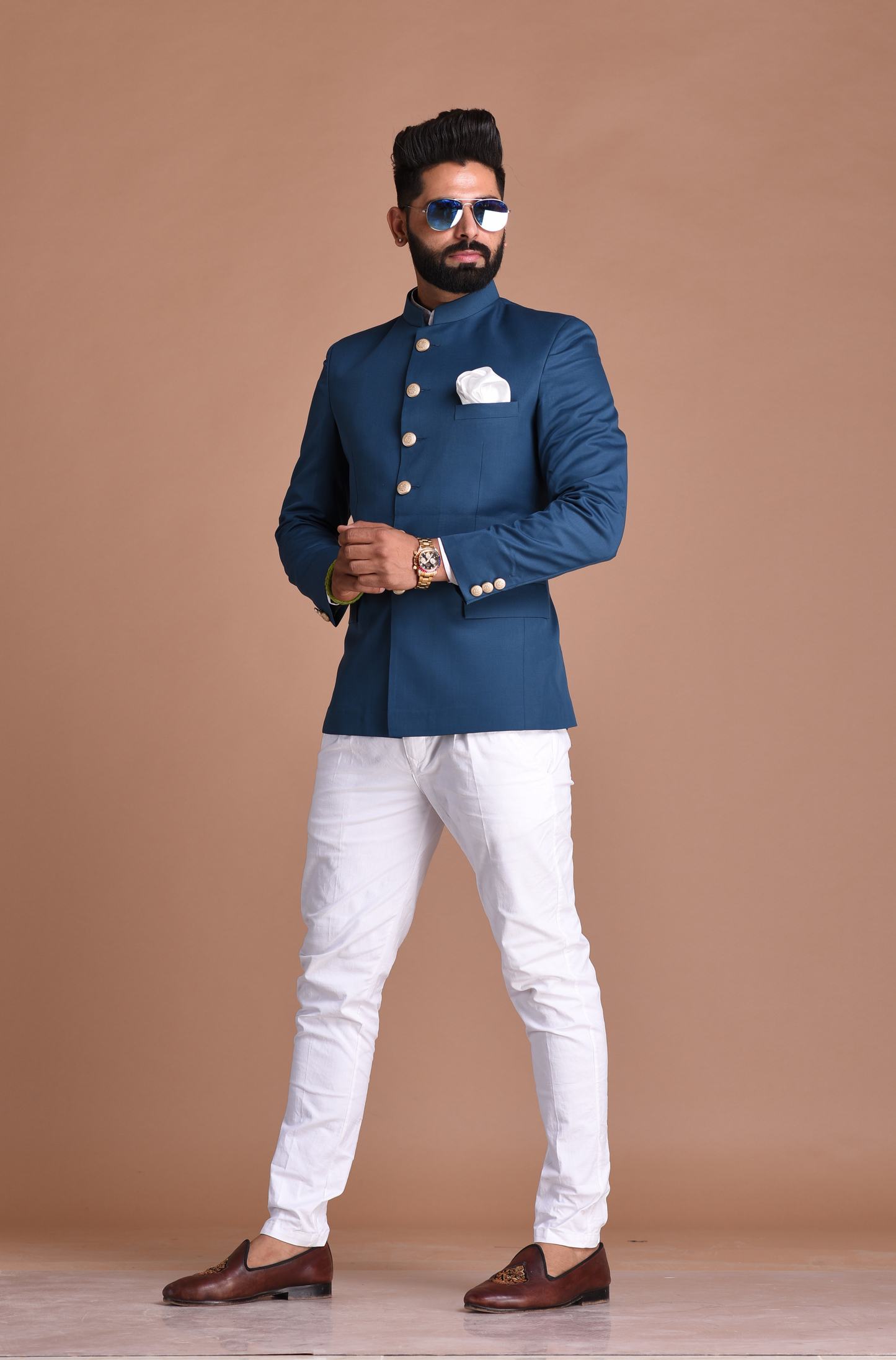 Teal Blue Jodhpuri Bandhgala Suit With White Trouser