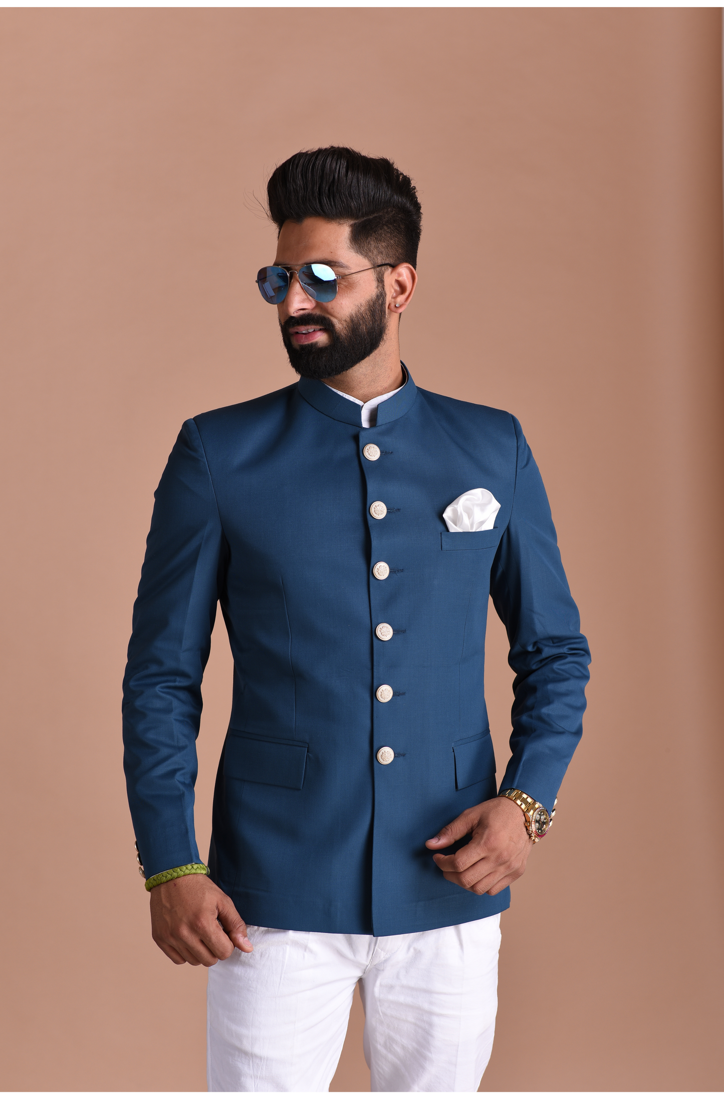 Teal Blue Jodhpuri Bandhgala Suit With White Trouser