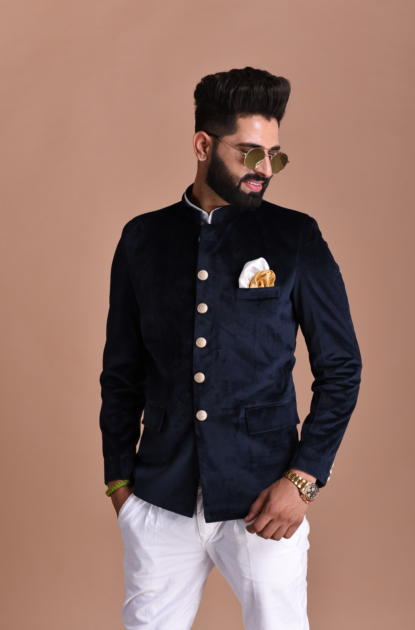 Velvet Navy Blue Color Jodhpuri Bandgala with Trouser