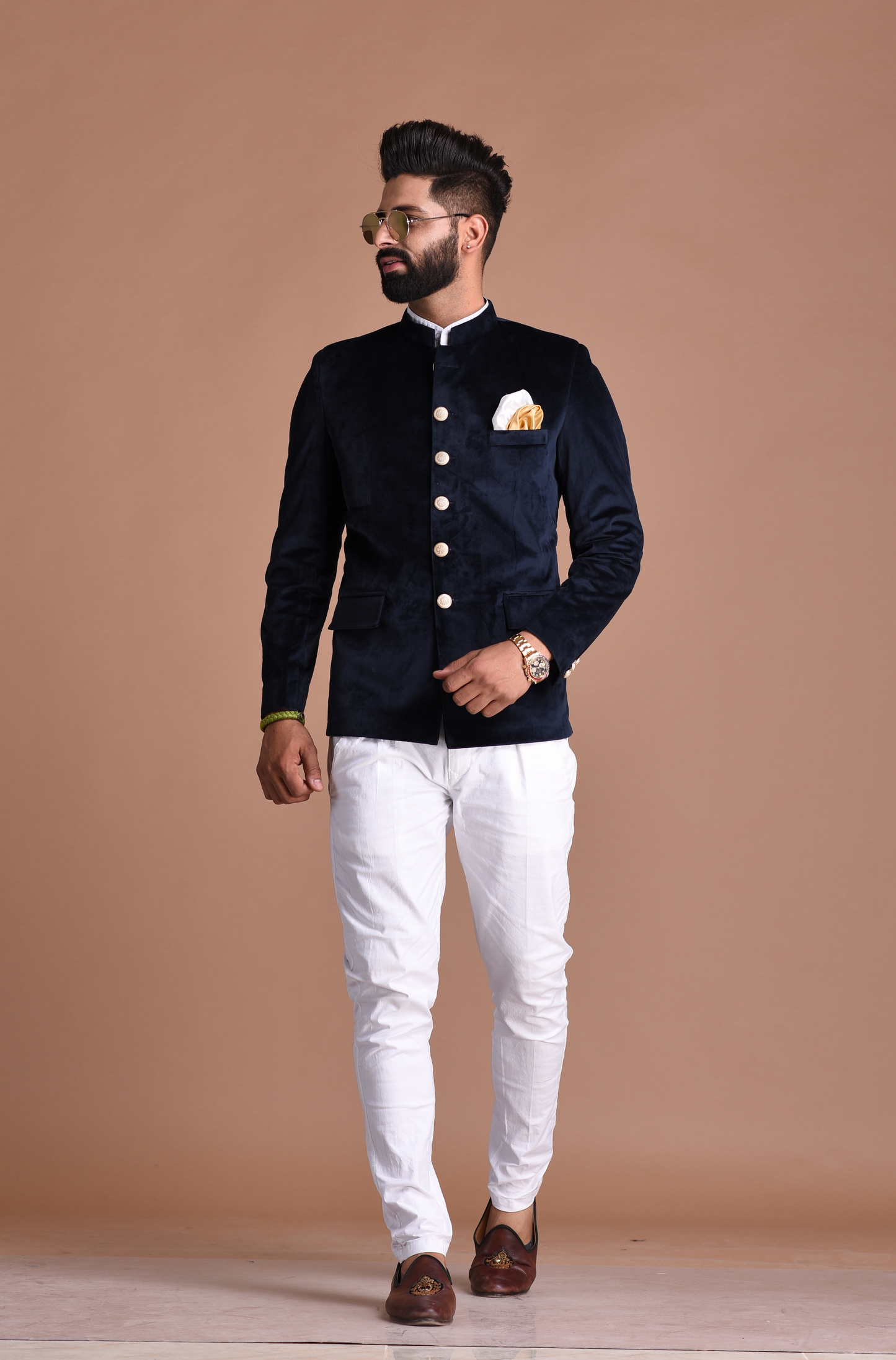 Velvet Navy Blue Color Jodhpuri Bandgala with Trouser