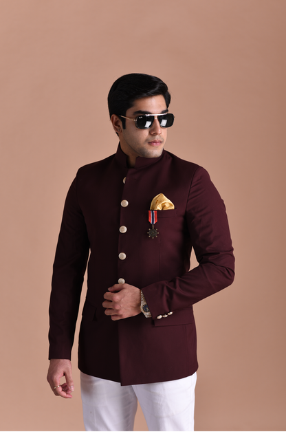 Wine Jodhpuri Bandhgala Designer Blazer with White Trouser