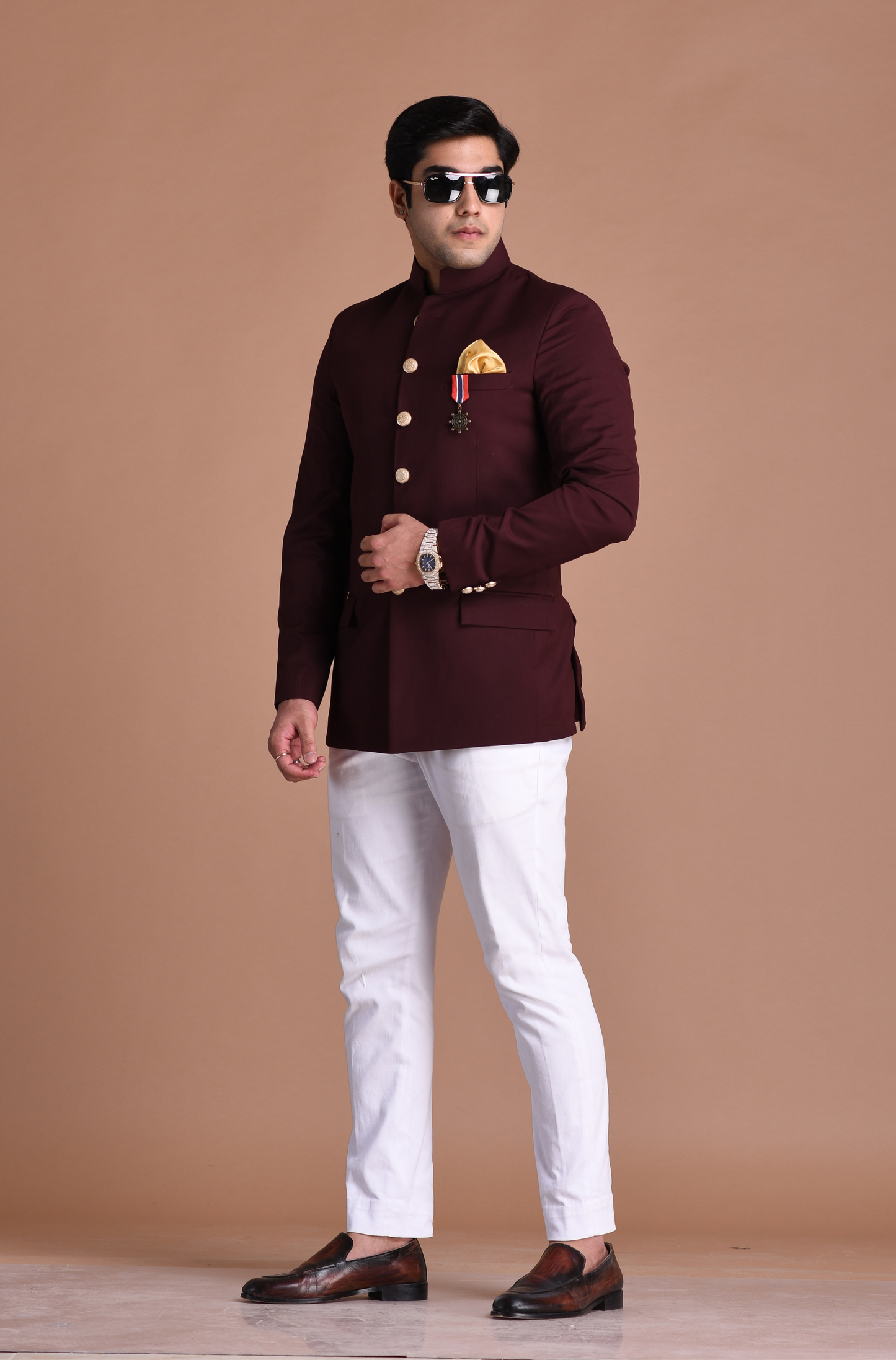 Wine Jodhpuri Bandhgala Designer Blazer with White Trouser Rajanyas