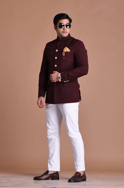 Wine Jodhpuri Bandhgala Designer Blazer with White Trouser