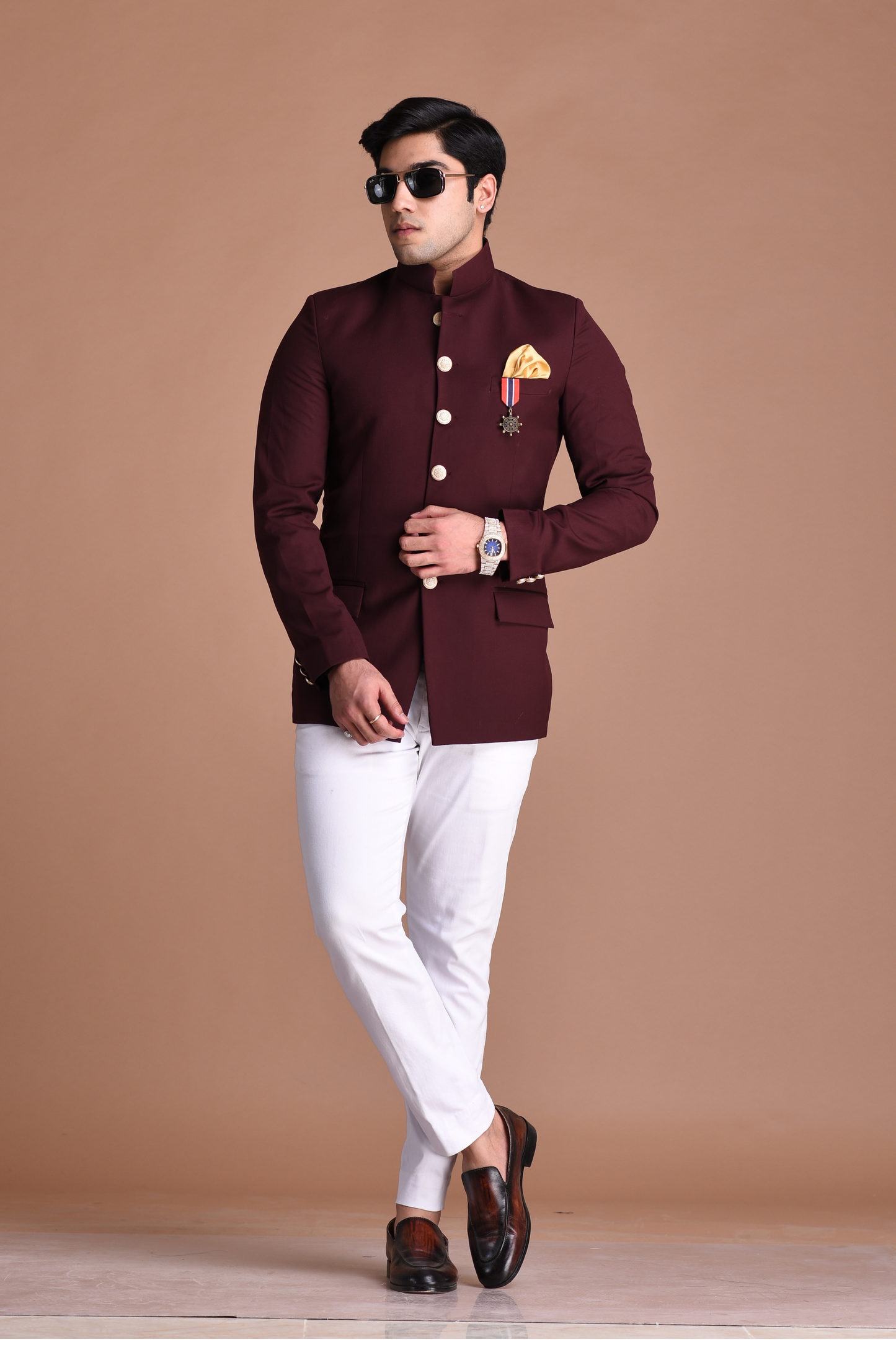 Wine Jodhpuri Bandhgala Designer Blazer with White Trouser