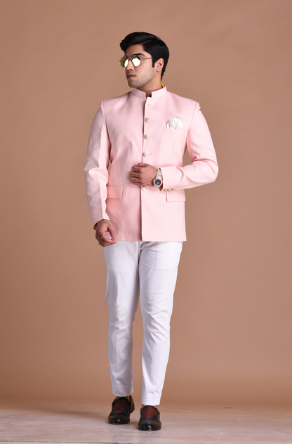 Light Pink Bandhgala Jodhpuri Designer Blazer With White Trouser