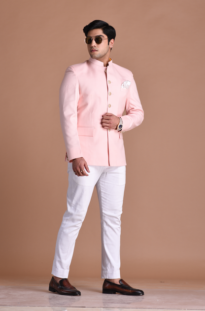 Light Pink Bandhgala Jodhpuri Designer Blazer With White Trouser