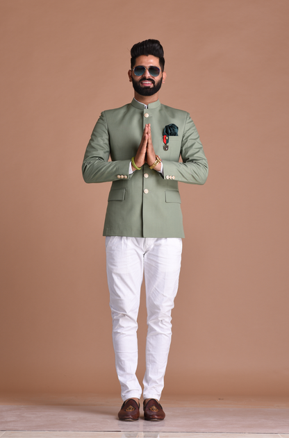 Moss Green Bandhgala Jodhpuri Designer Blazer With White Trouser