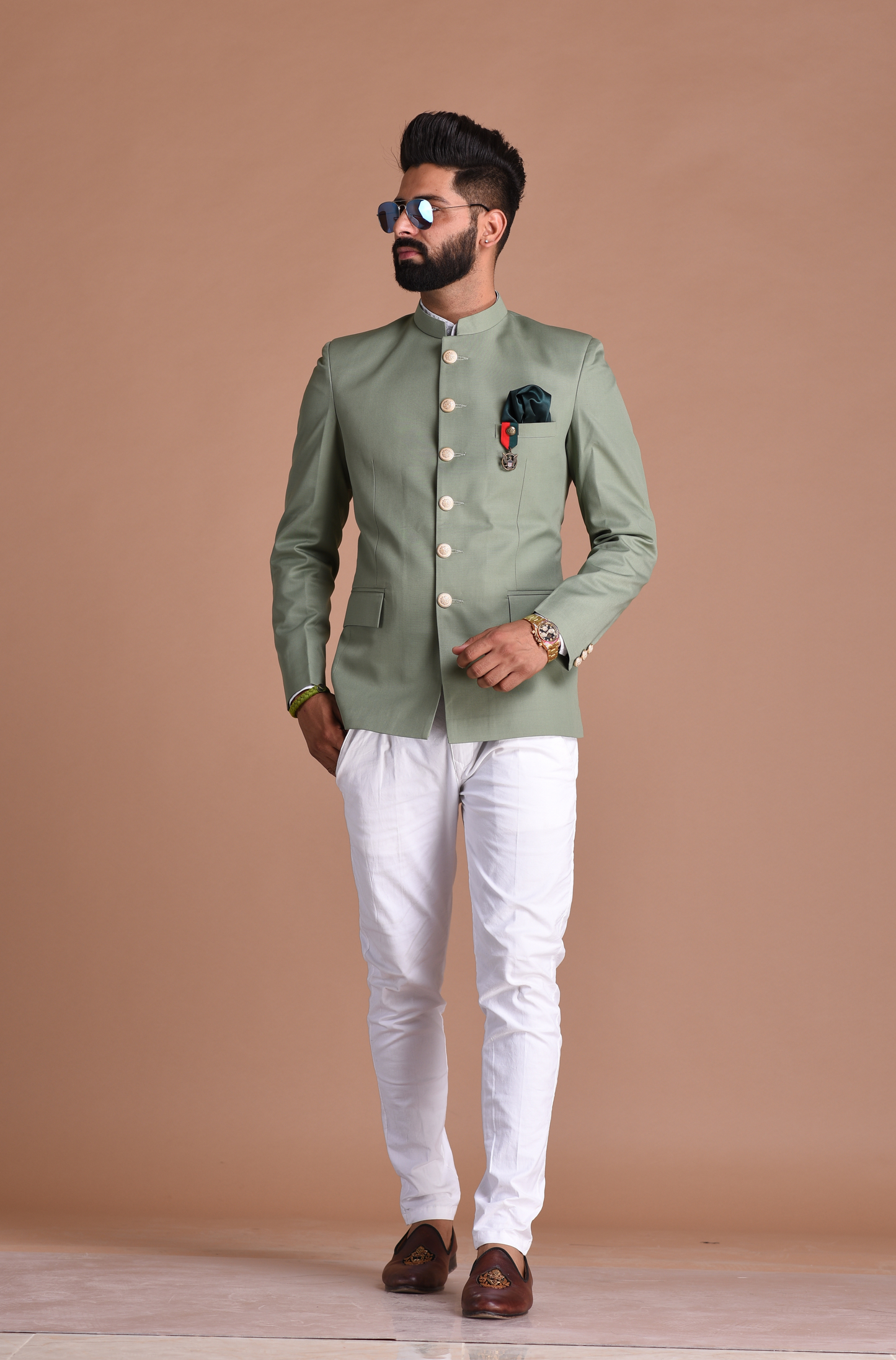 Moss Green Bandhgala Jodhpuri Designer Blazer With White Trouser