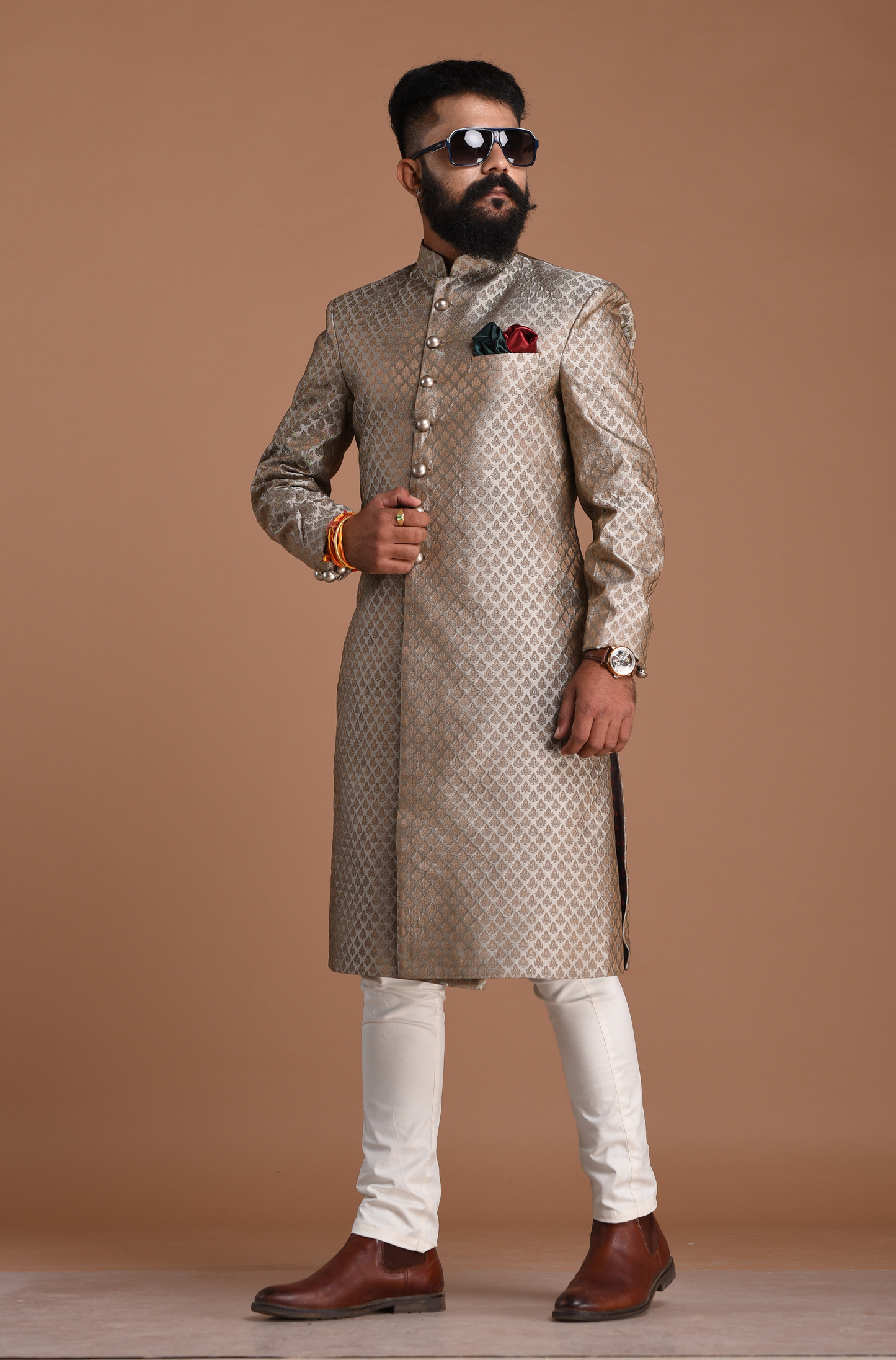 Brocade Silk Silver Booti Pattern Maharaja Style Sherwani