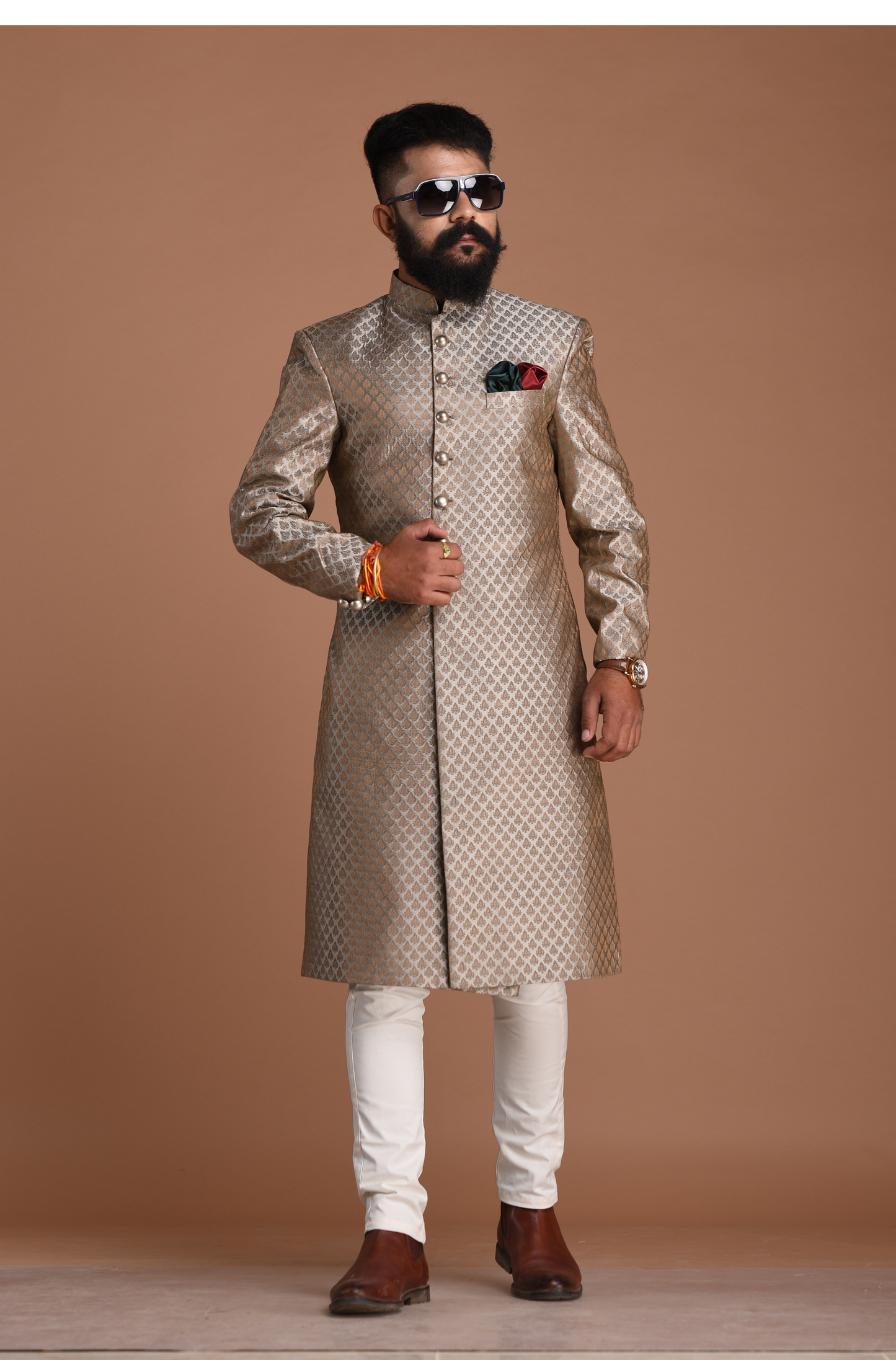 Brocade Silk Silver Booti Pattern Maharaja Style Sherwani