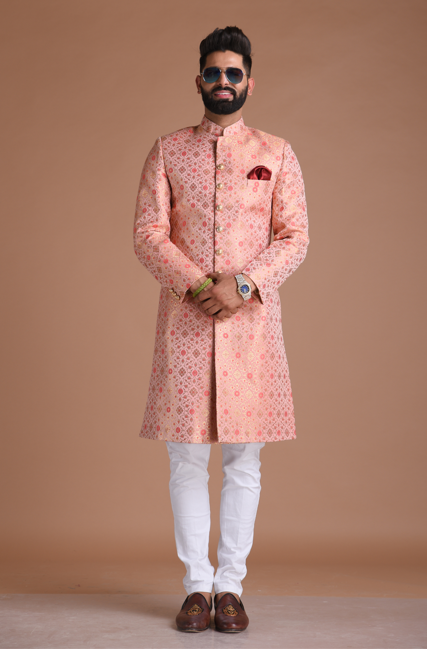 Pink Brocade Silk Royal Meenakari Print Sherwani