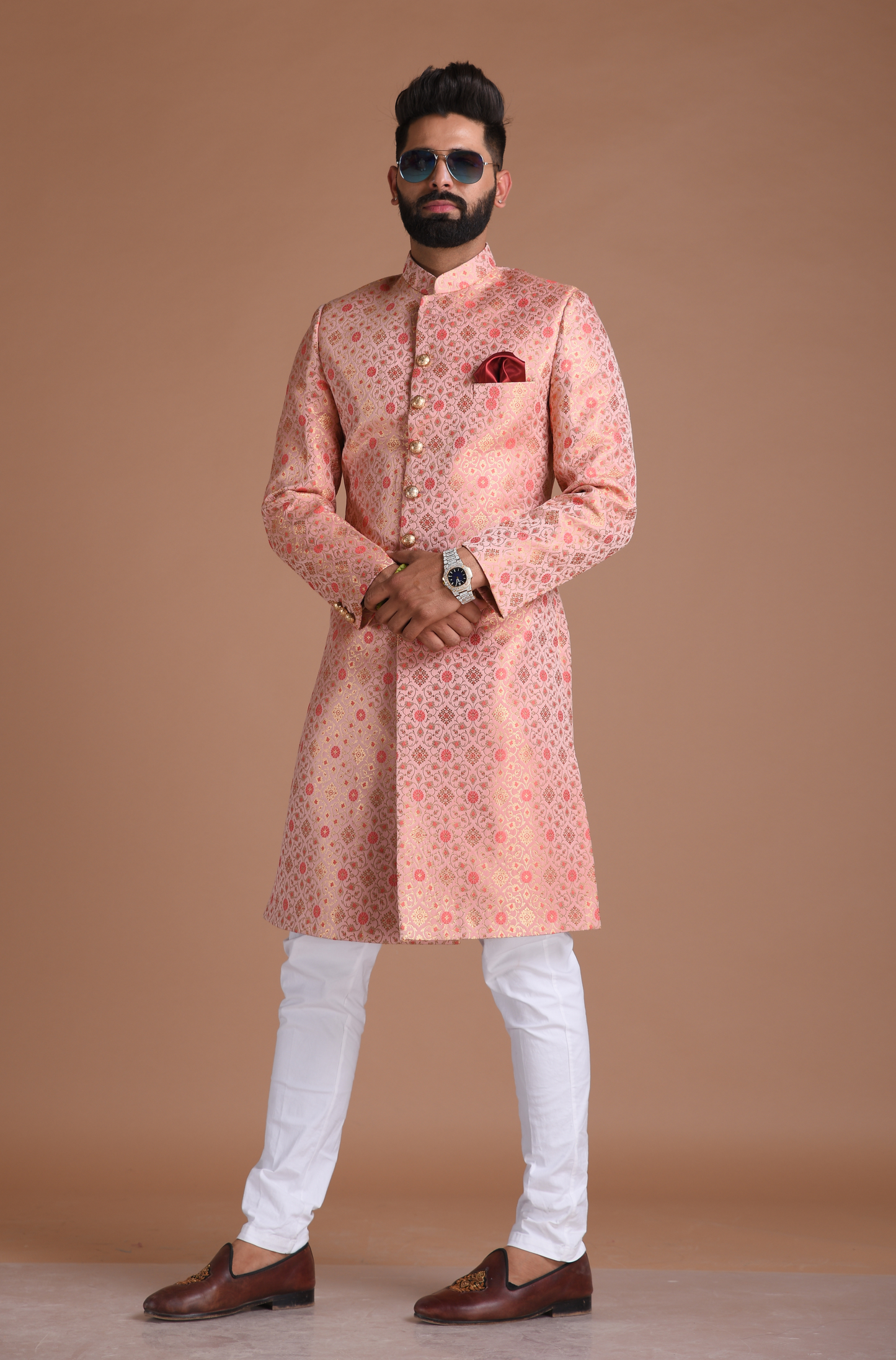 Pink Brocade Silk Royal Meenakari Print Sherwani