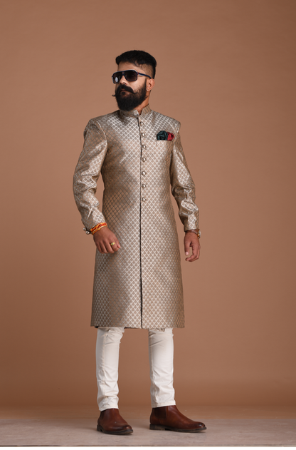 Brocade Silk Silver Booti Pattern Maharaja Style Sherwani