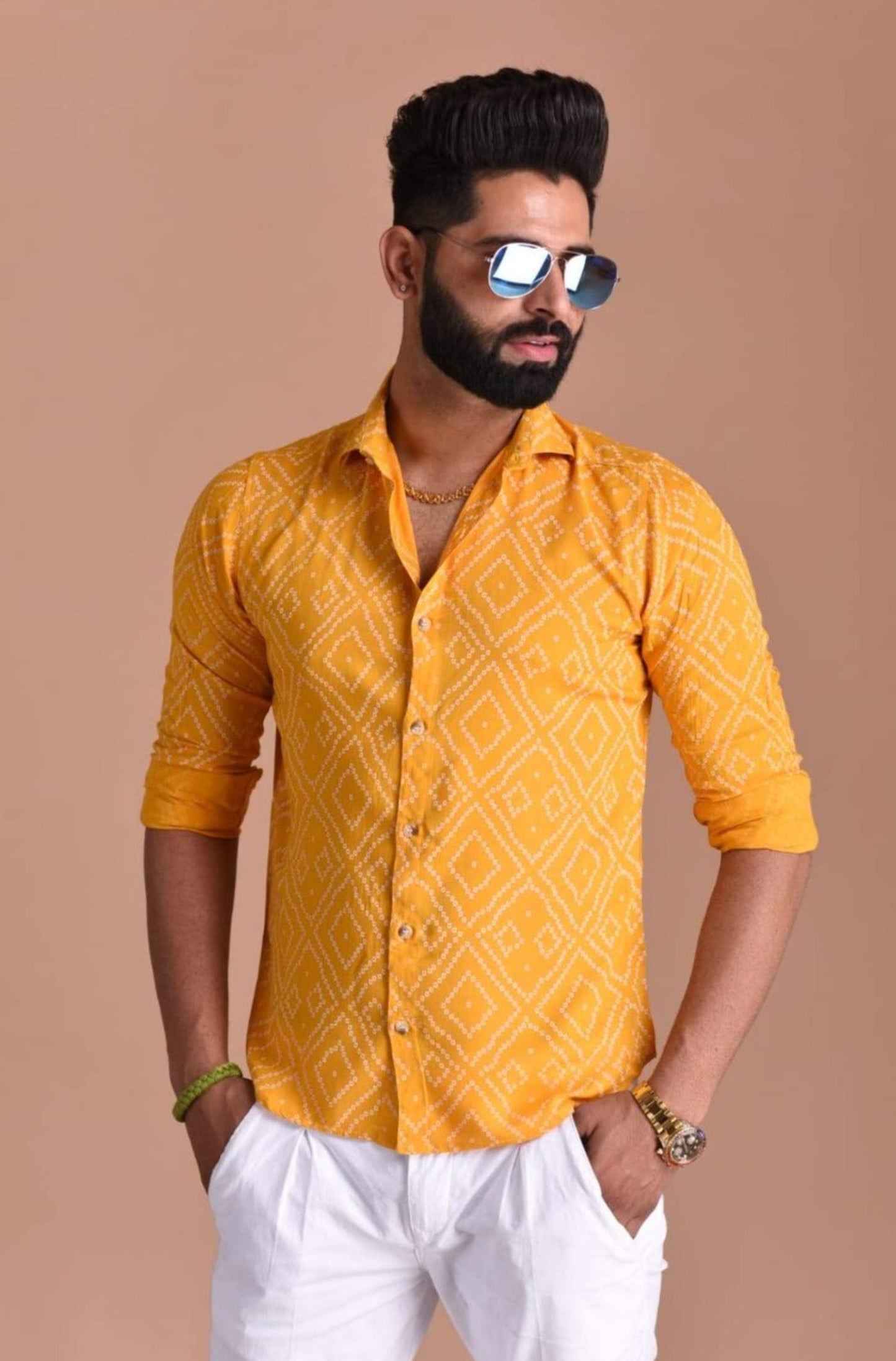 Yellow Bandhej Sanganeri Printed Shirt