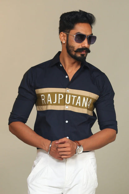 Golden Edition Embroidered Style Navy Blue Rajputana Shirt