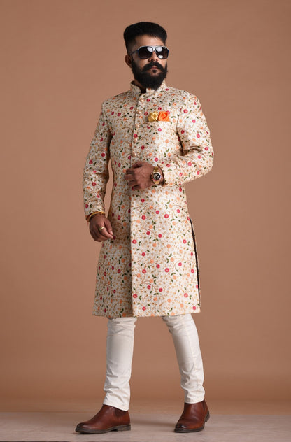 Exclusive Cream Color Floral Pattern Heavy Embroidered sherwani