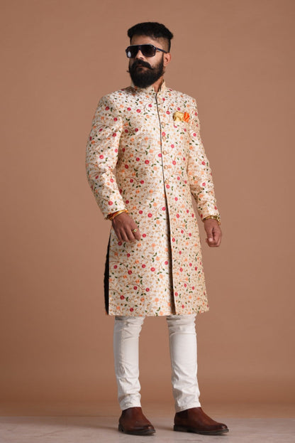 Exclusive Cream Color Floral Pattern Heavy Embroidered sherwani