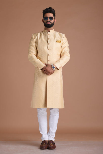 Fawn Golden Color Club Pattern Brocade Silk Sherwani