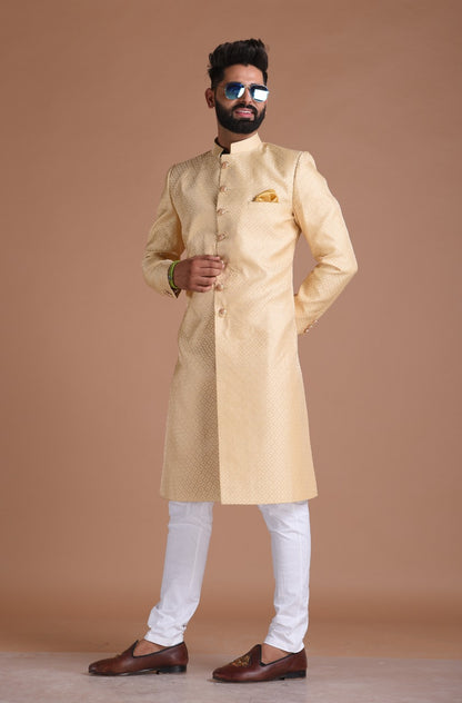 Fawn Golden Color Club Pattern Brocade Silk Sherwani