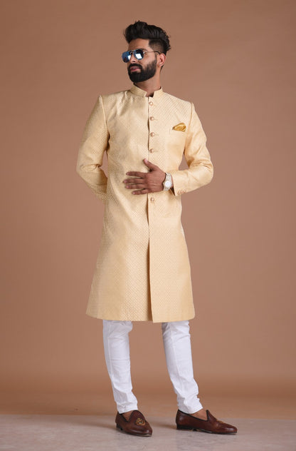 Fawn Golden Color Club Pattern Brocade Silk Sherwani