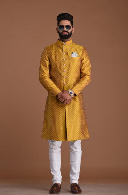 Golden Diamond Shape Maharaja Style Brocade Silk Sherwani