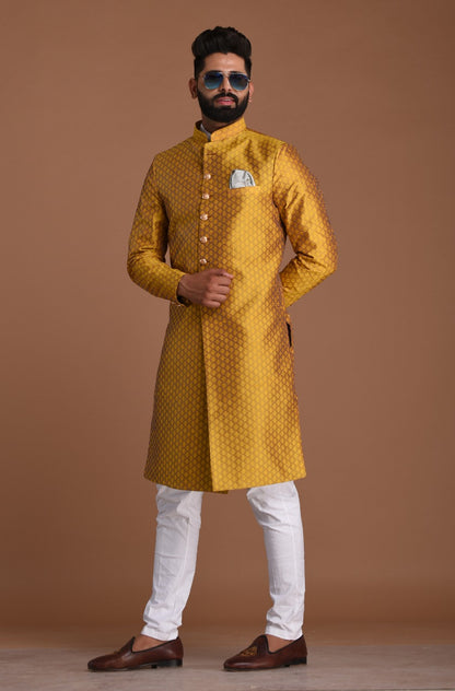 Golden Diamond Shape Maharaja Style Brocade Silk Sherwani