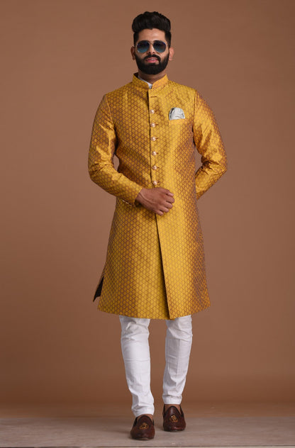 Golden Diamond Shape Maharaja Style Brocade Silk Sherwani