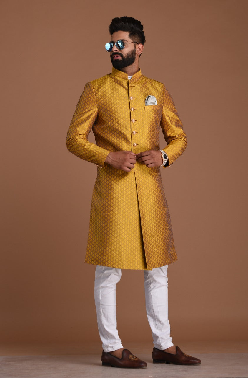 Golden Diamond Shape Maharaja Style Brocade Silk Sherwani
