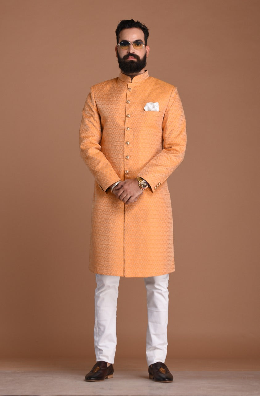 Handloom Brocade Silk | Kesari Color | Punjabi Style Achkan