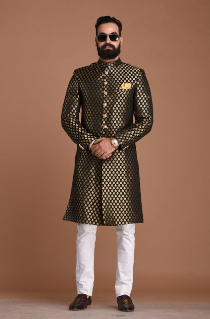 Royal Golden-Black Booti Pattern Sherwani