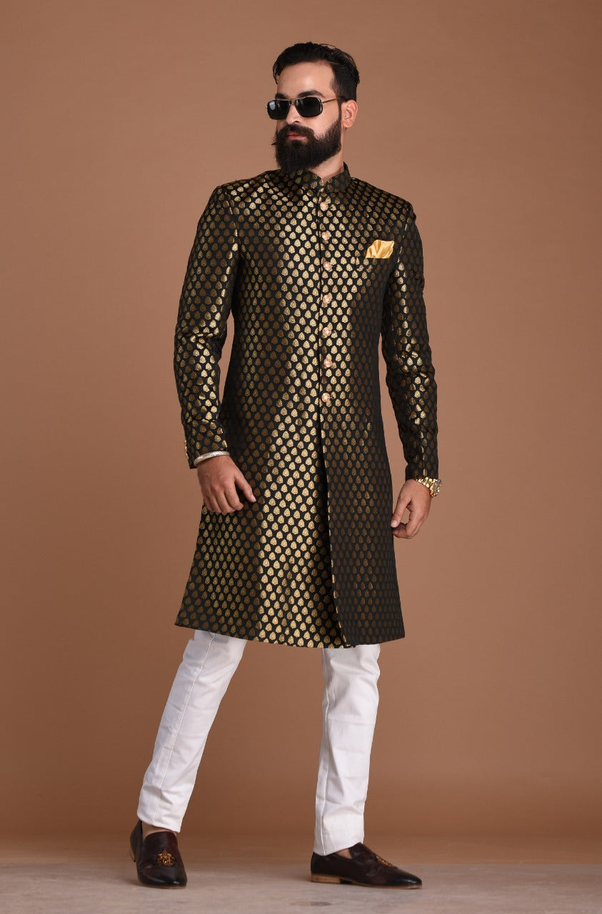 Royal Golden-Black Booti Pattern Sherwani