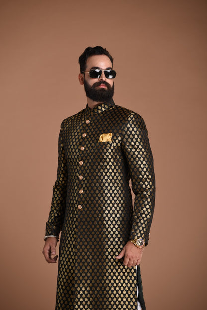 Royal Golden-Black Booti Pattern Sherwani