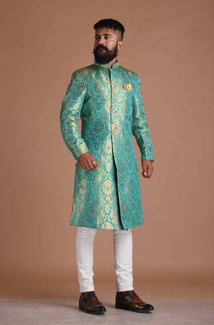 Handmade Vibrant Sea Green Brocade Silk Sherwani